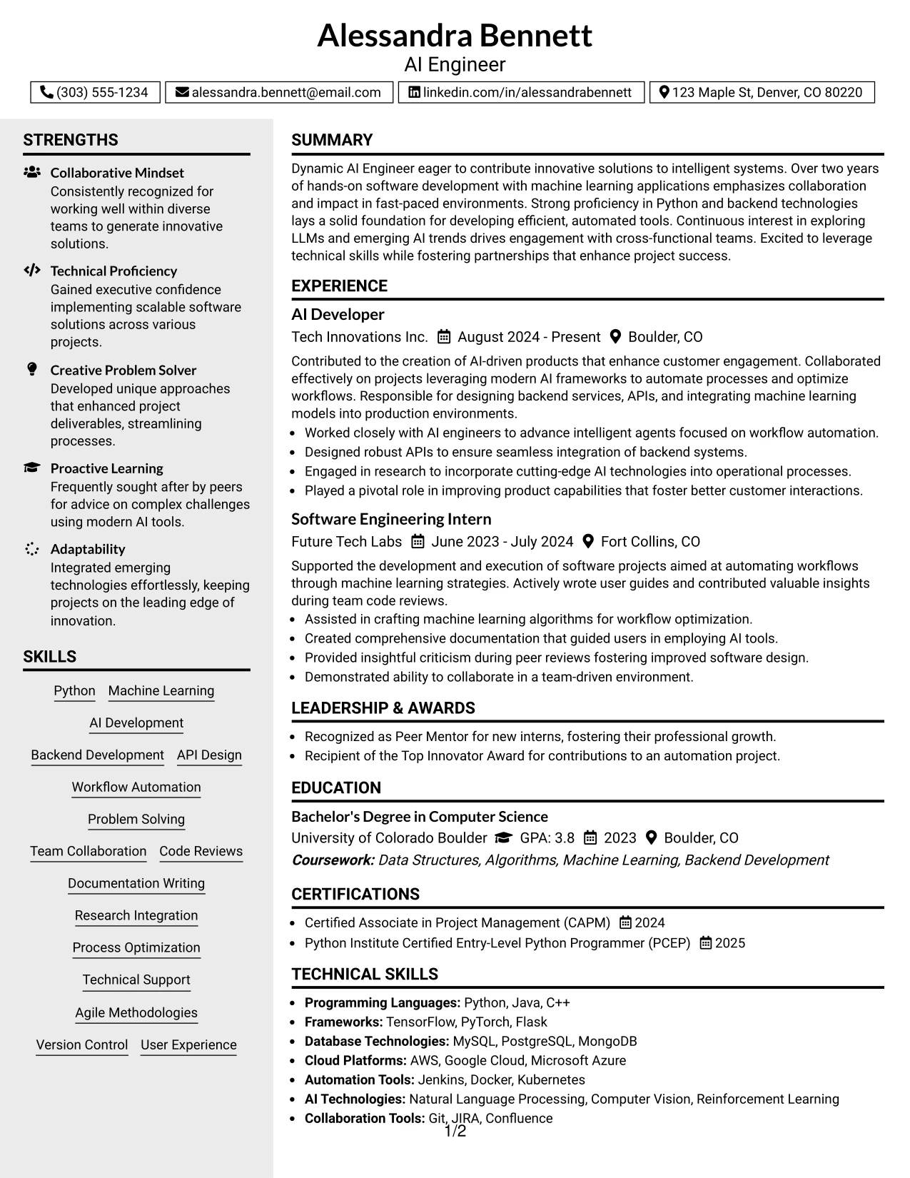 Resume Example Page 1