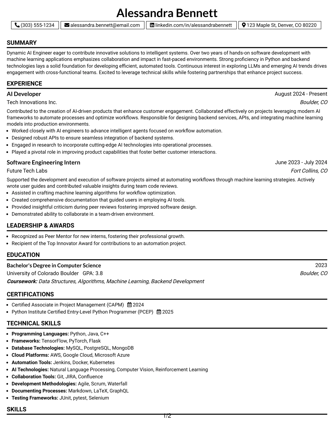 Resume Example Page 1