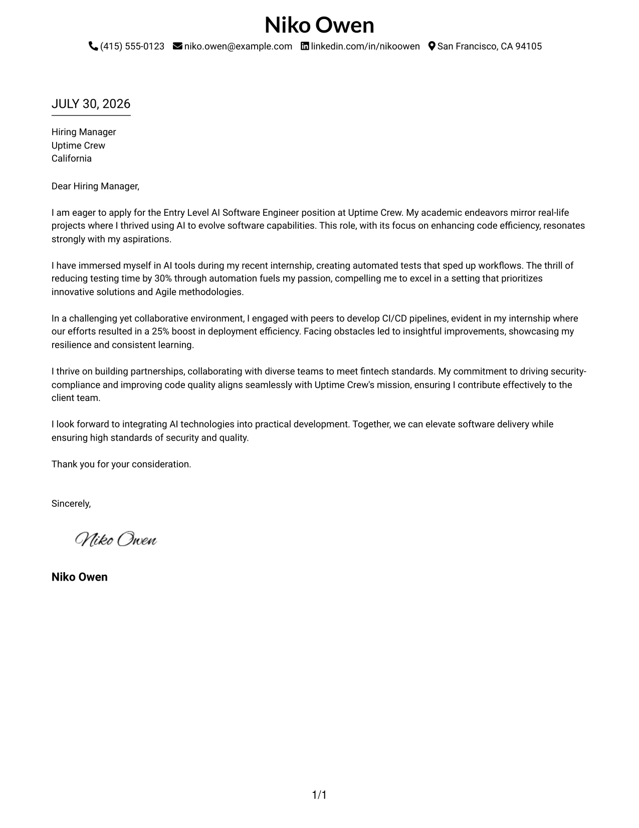 Resume Example Page 1