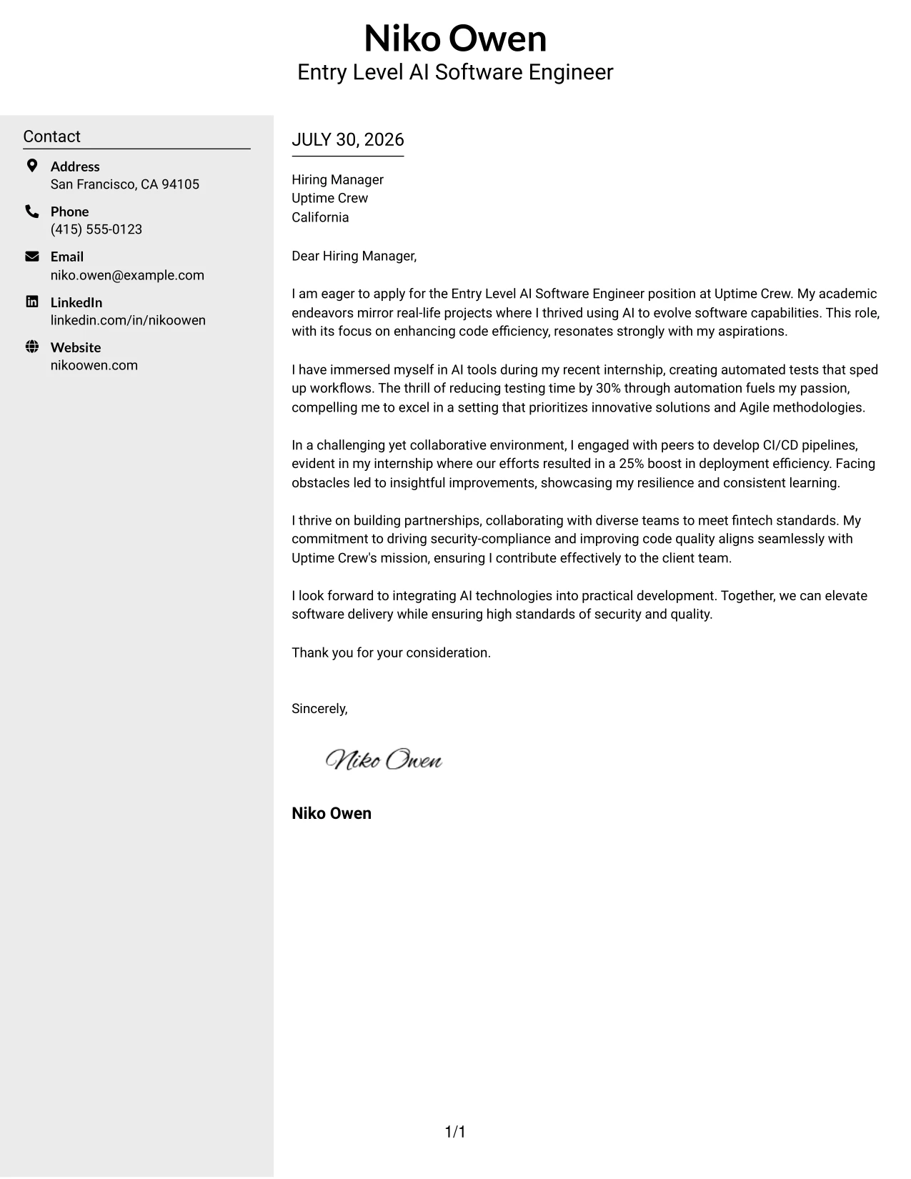 Resume Example Page 1