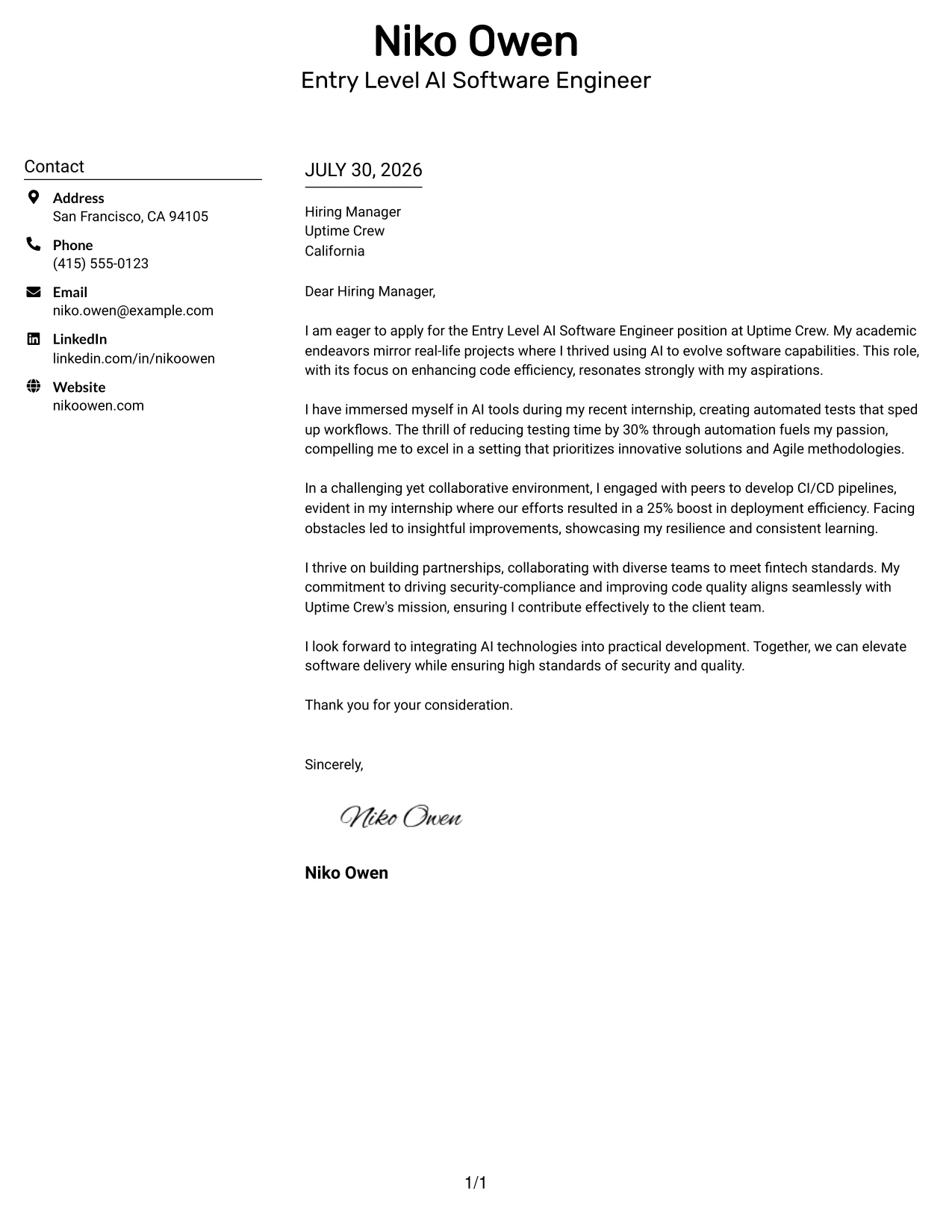 Resume Example Page 1