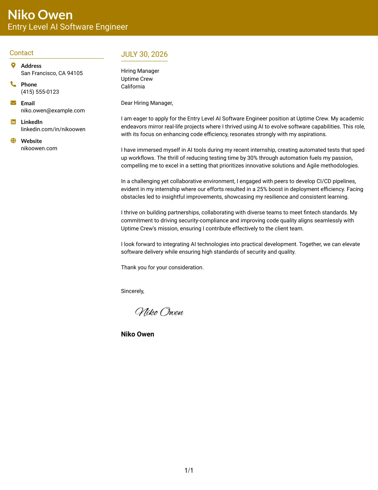 Resume Example Page 1