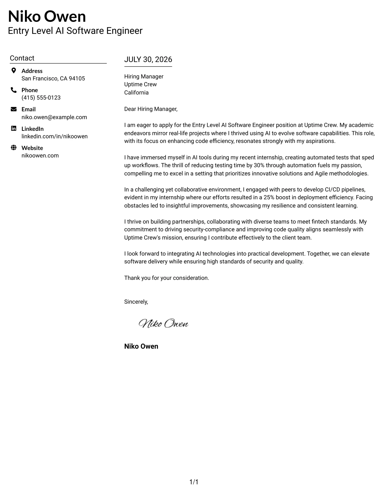 Resume Example Page 1