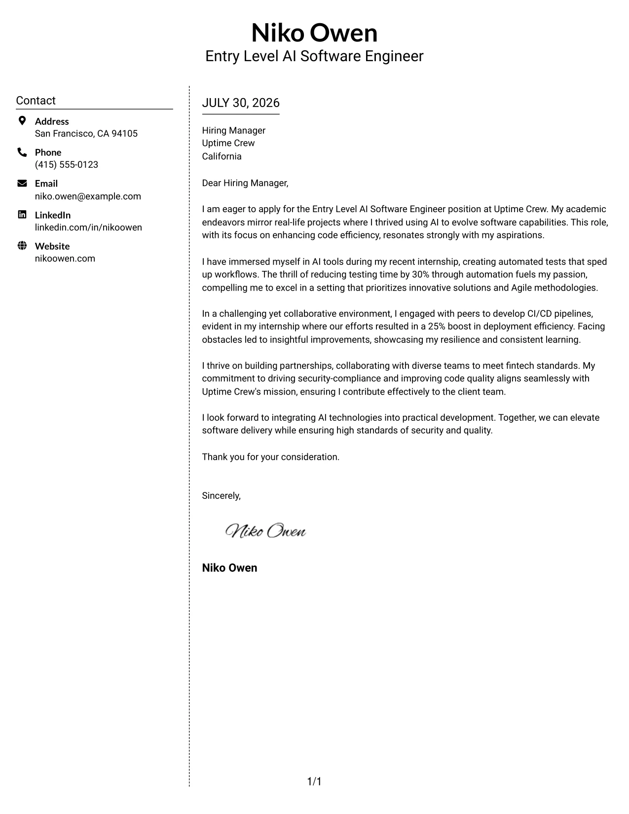 Resume Example Page 1
