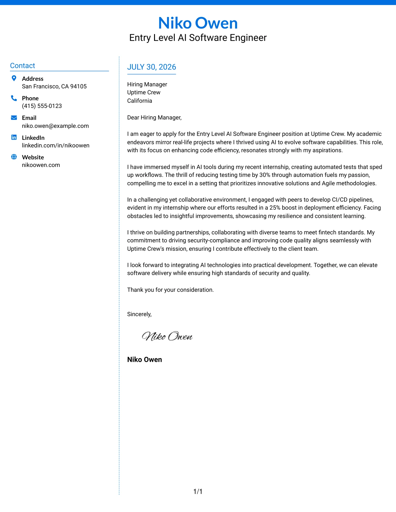 Resume Example Page 1