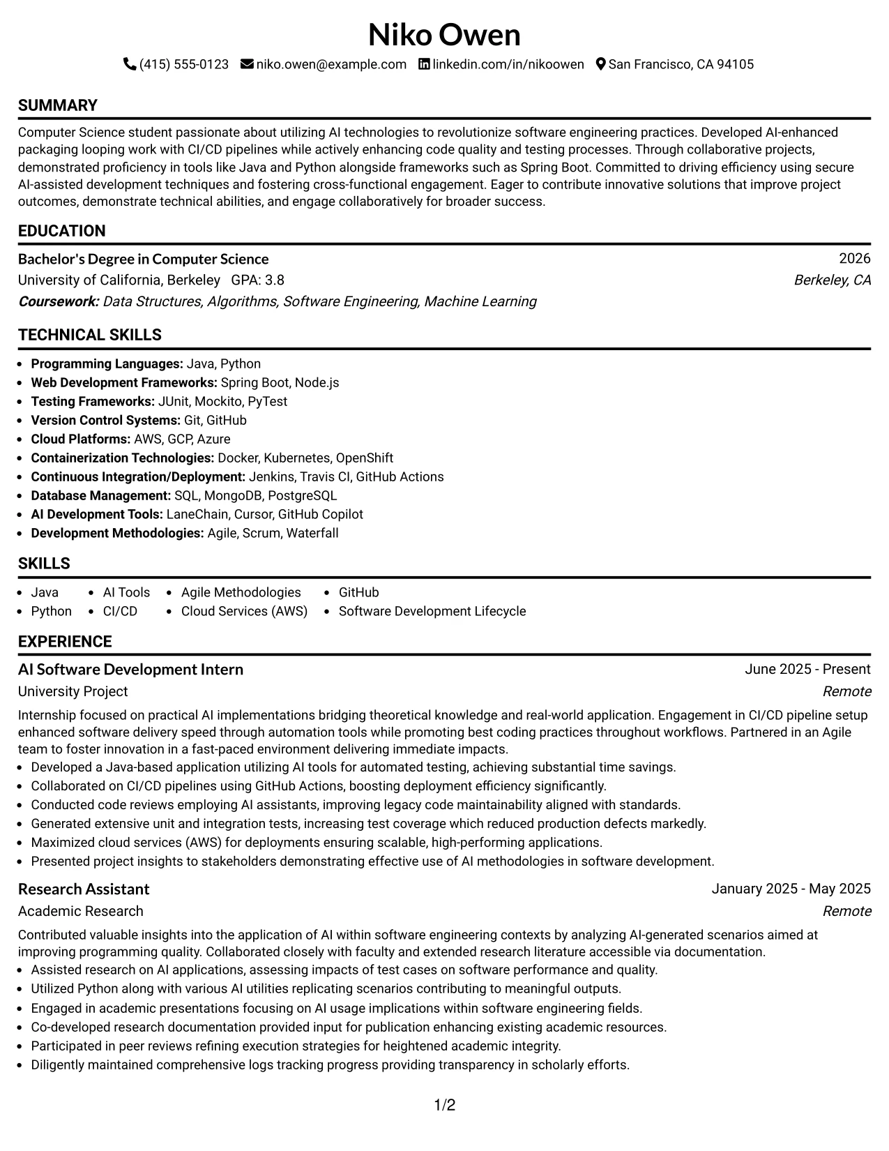 Resume Example Page 1