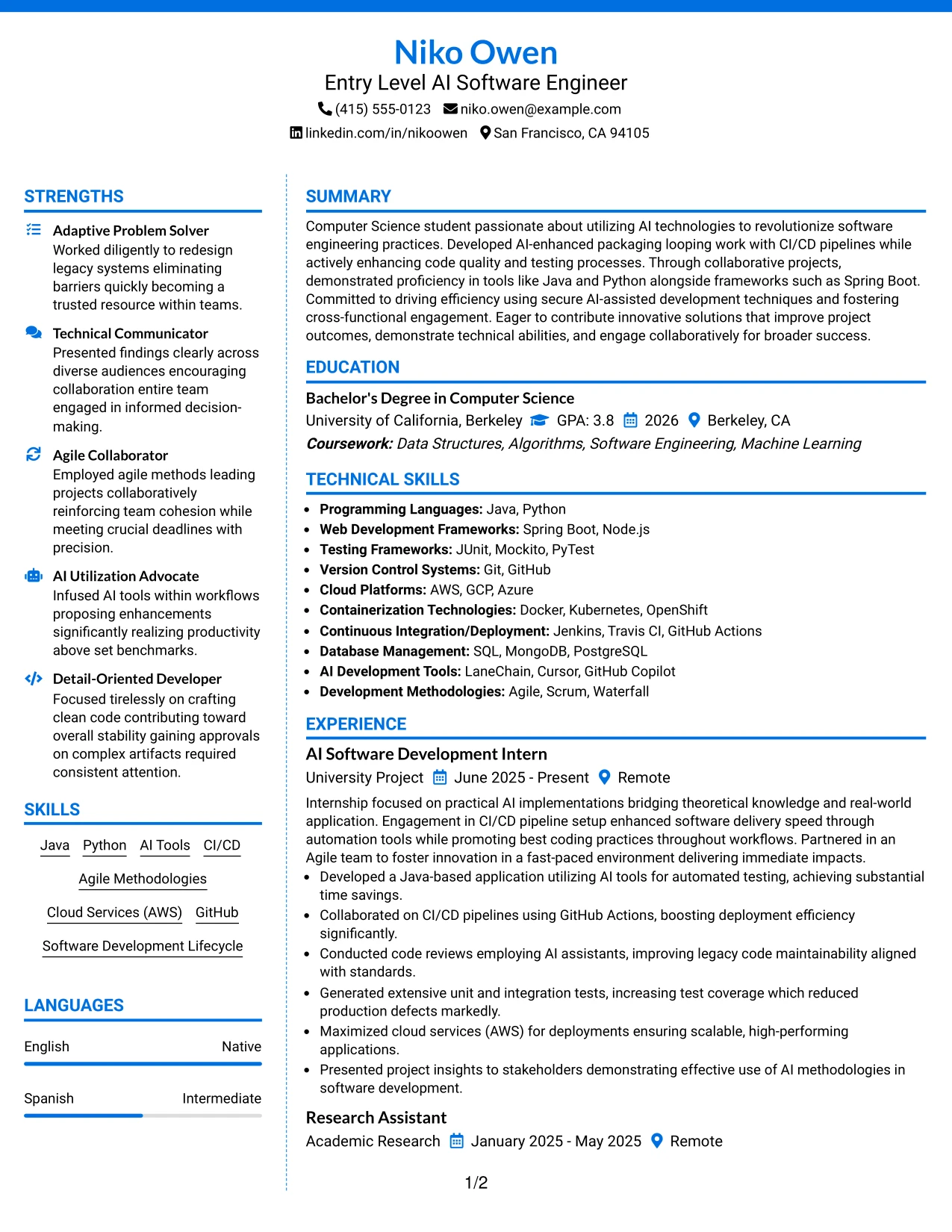 Resume Example Page 1