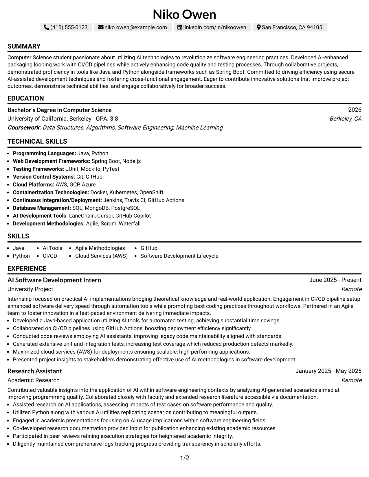 Resume Example Page 1