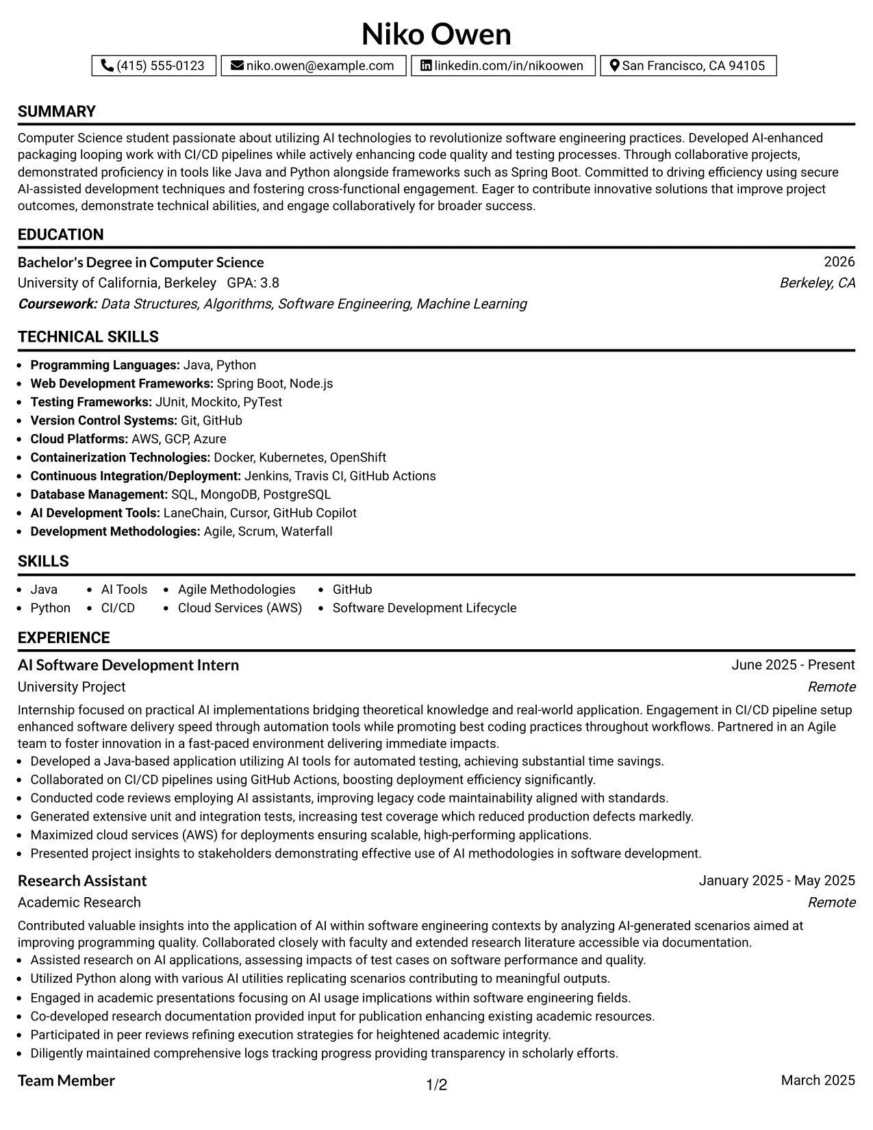 Resume Example Page 1