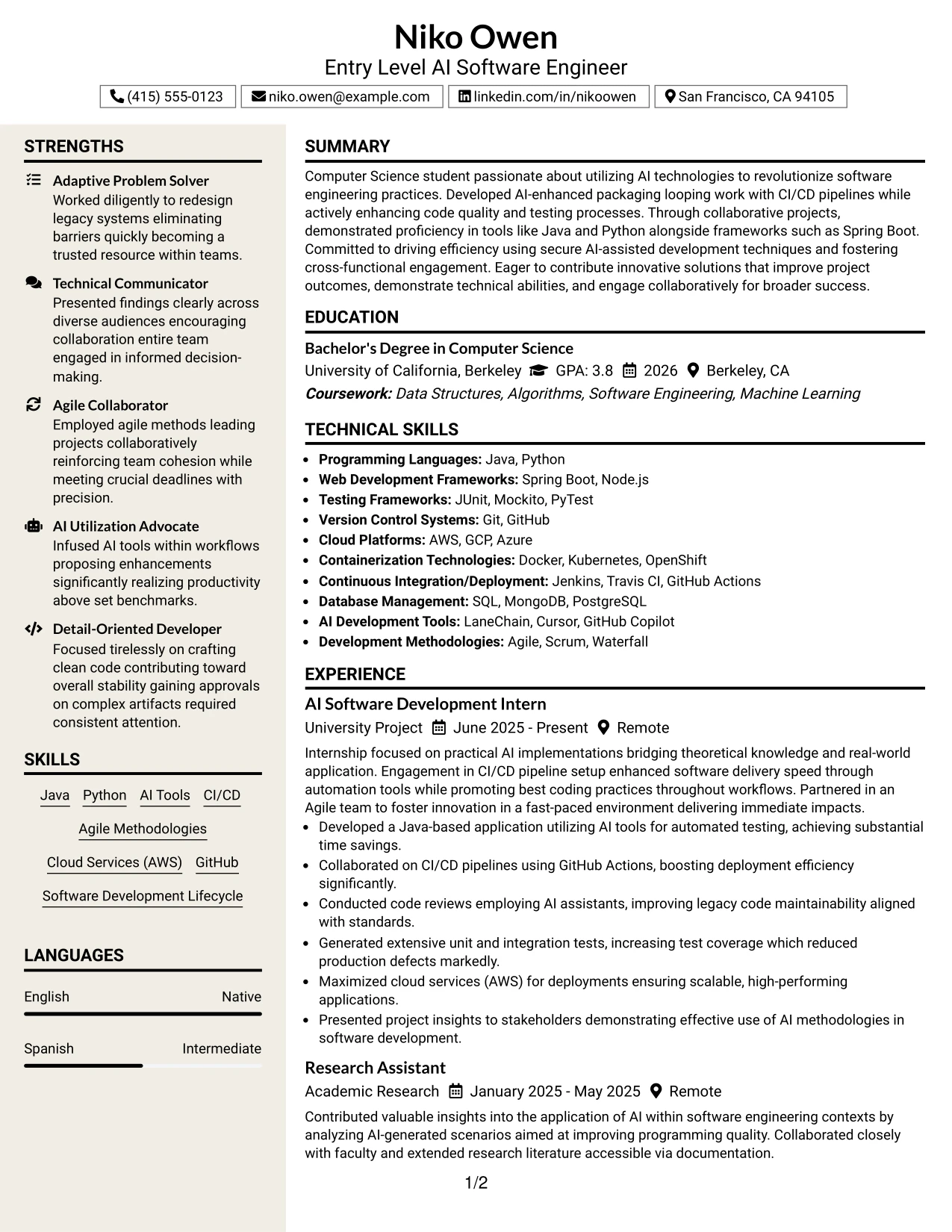 Resume Example Page 1