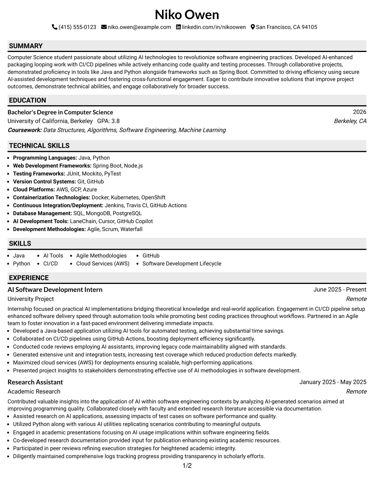 Resume Example Page 1
