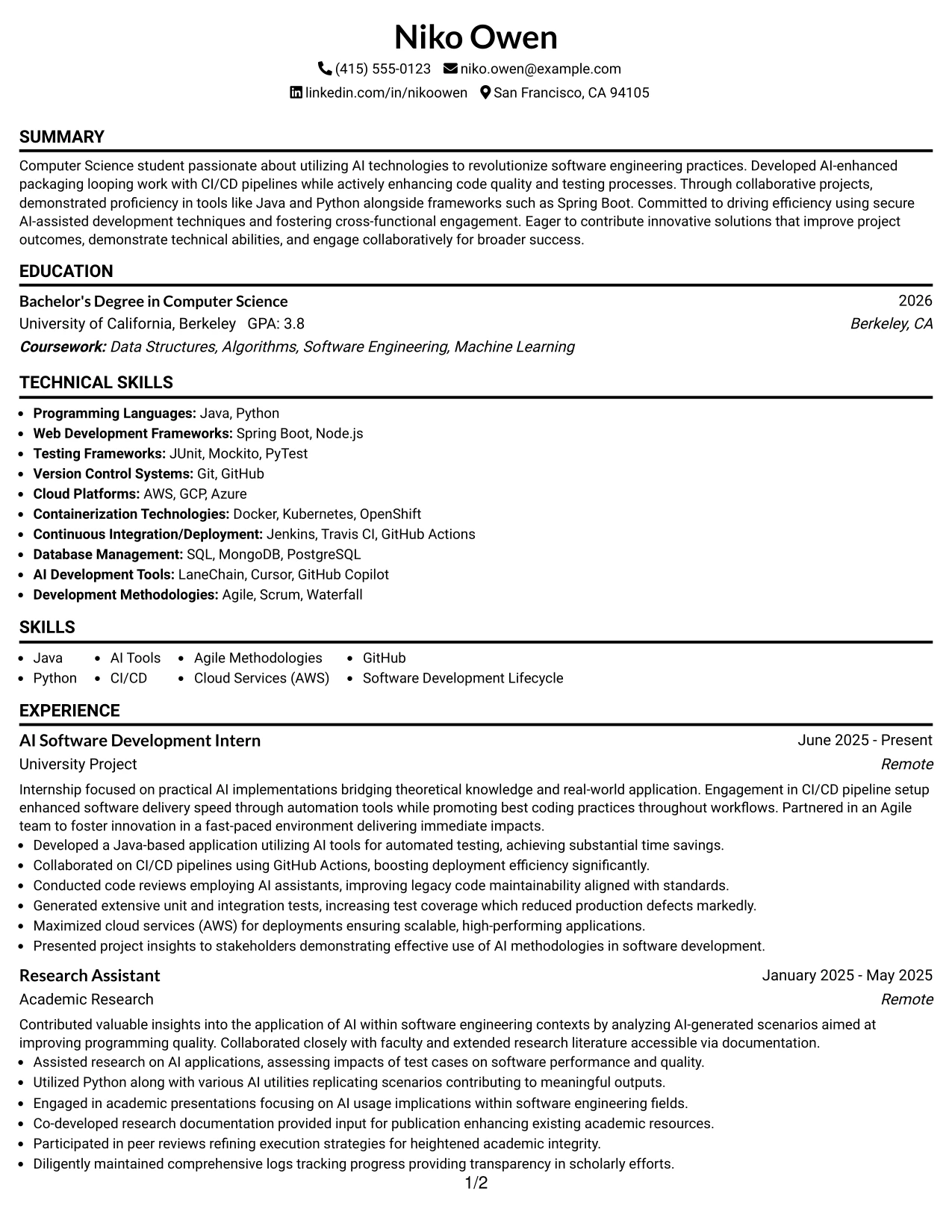 Resume Example Page 1