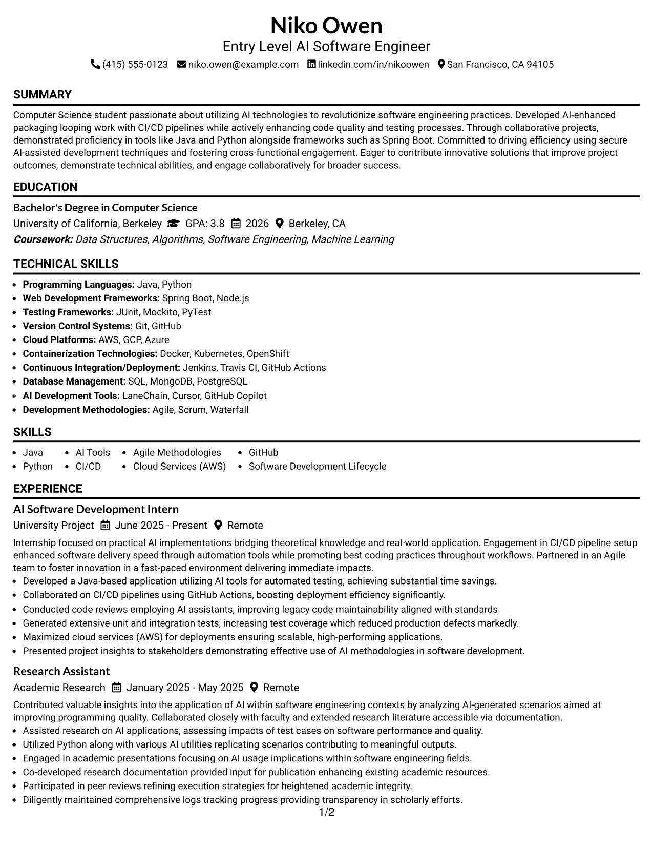 Resume Example Page 1