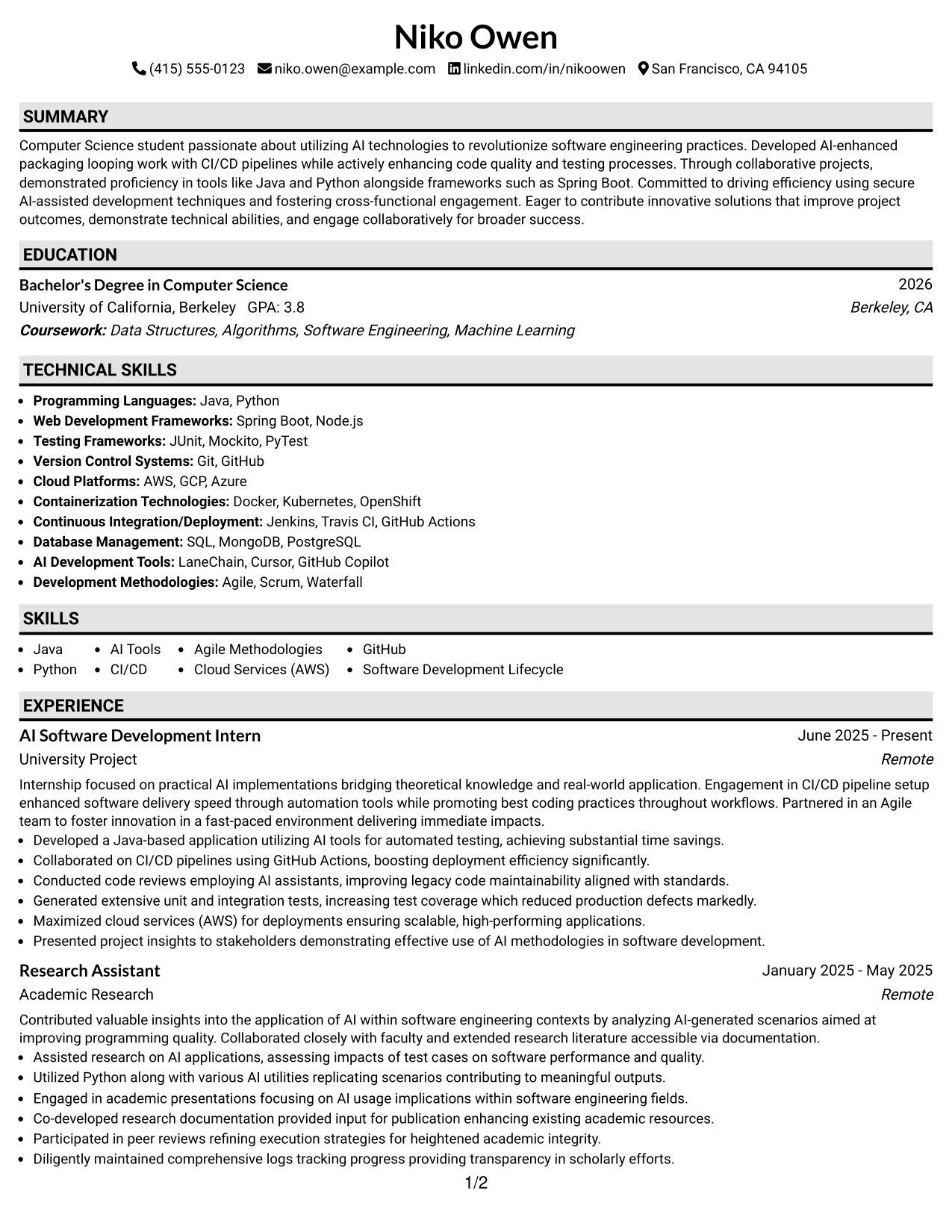 Resume Example Page 1