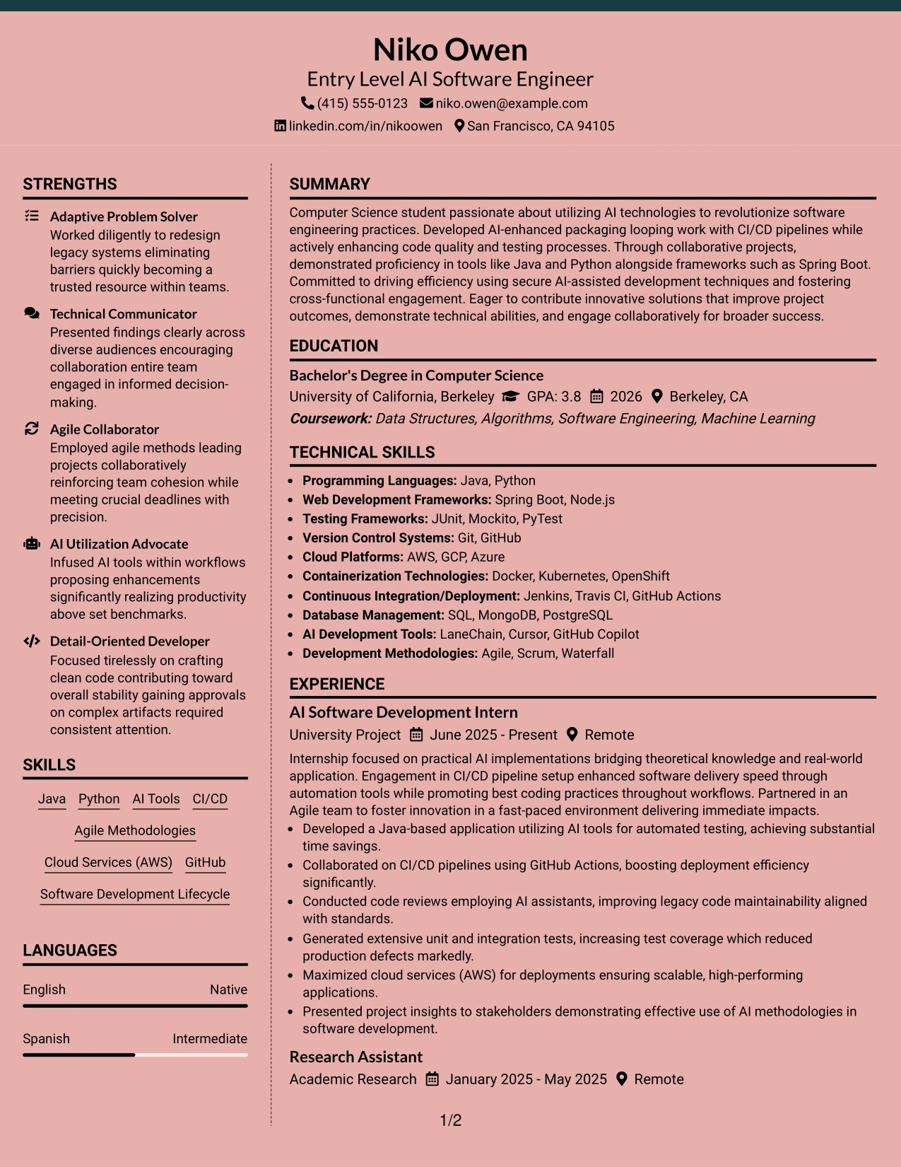 Resume Example Page 1