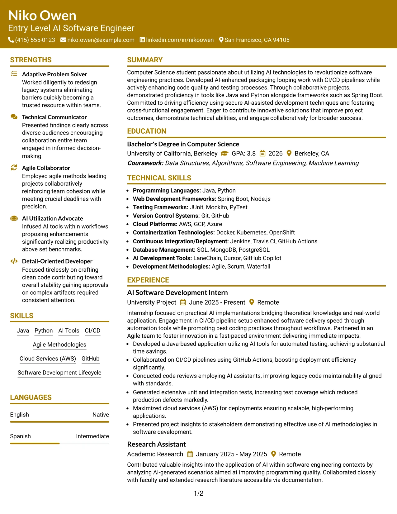 Resume Example Page 1