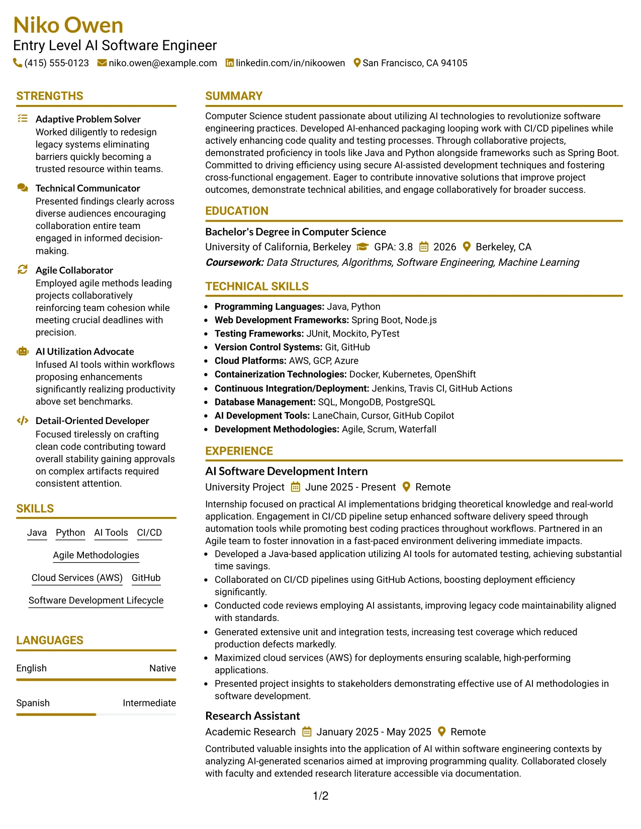 Resume Example Page 1