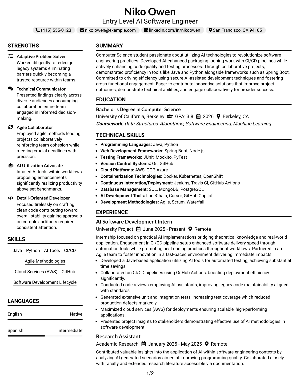 Resume Example Page 1