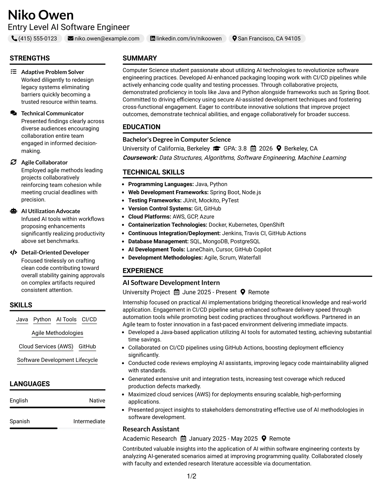 Resume Example Page 1