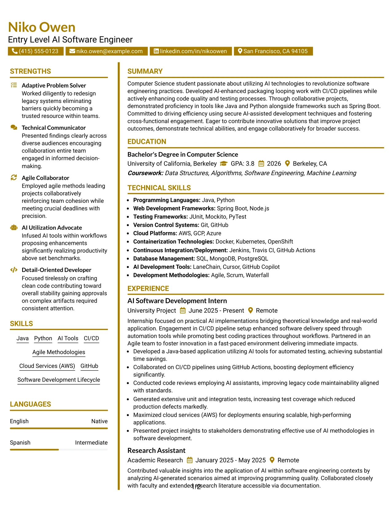 Resume Example Page 1