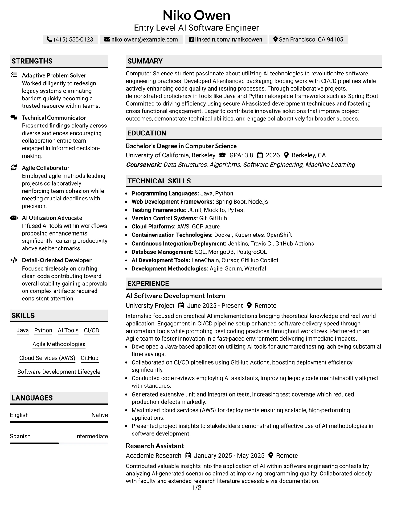 Resume Example Page 1