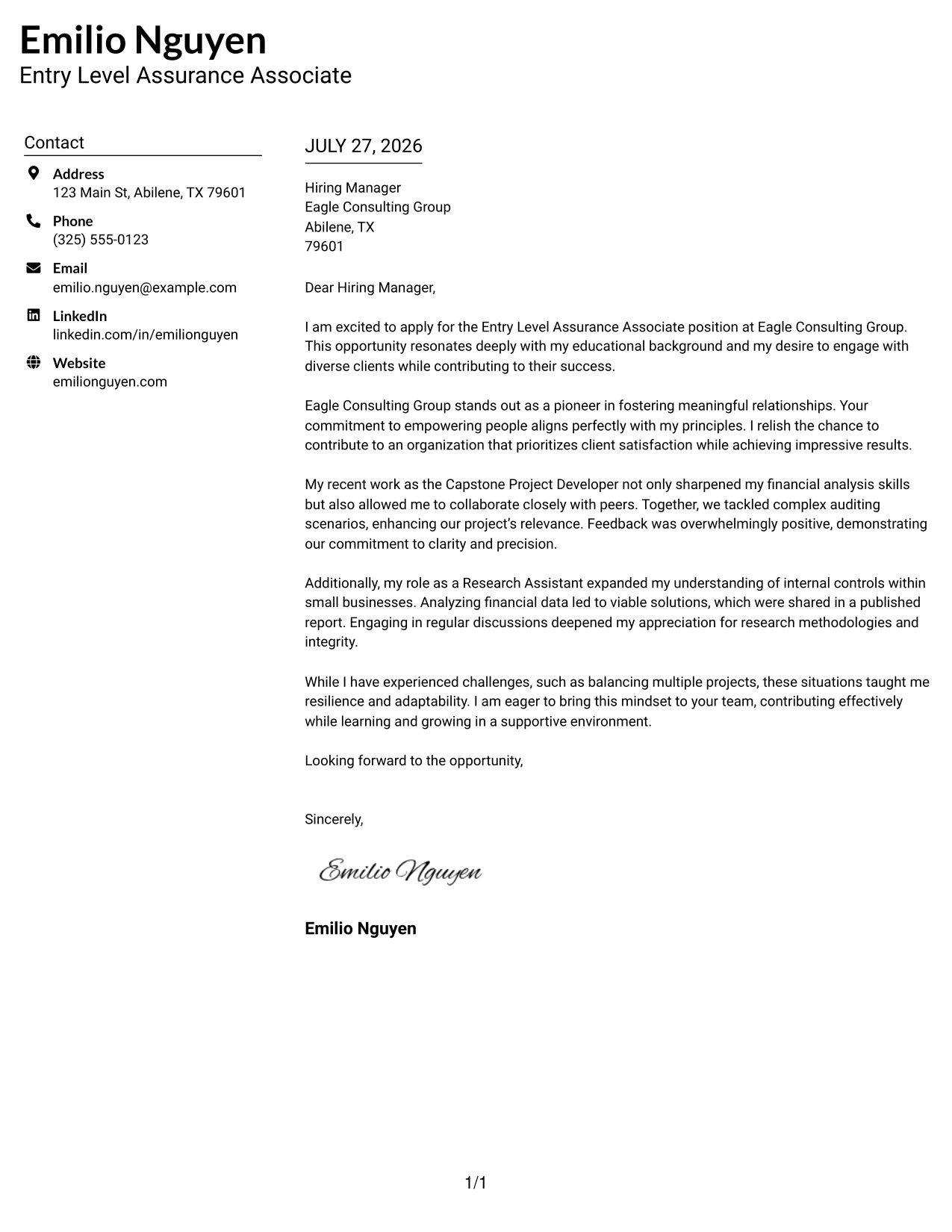 Resume Example Page 1