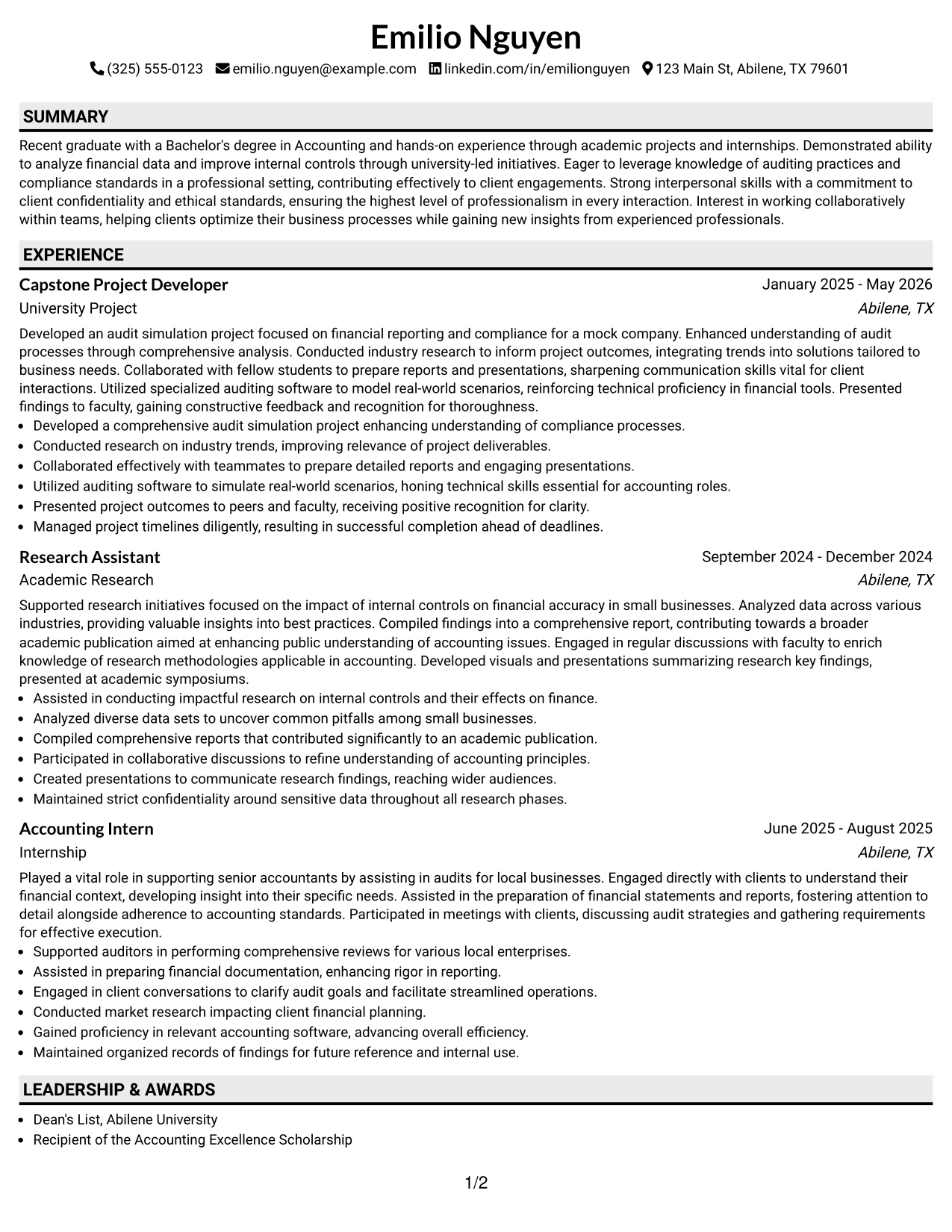 Resume Example Page 1