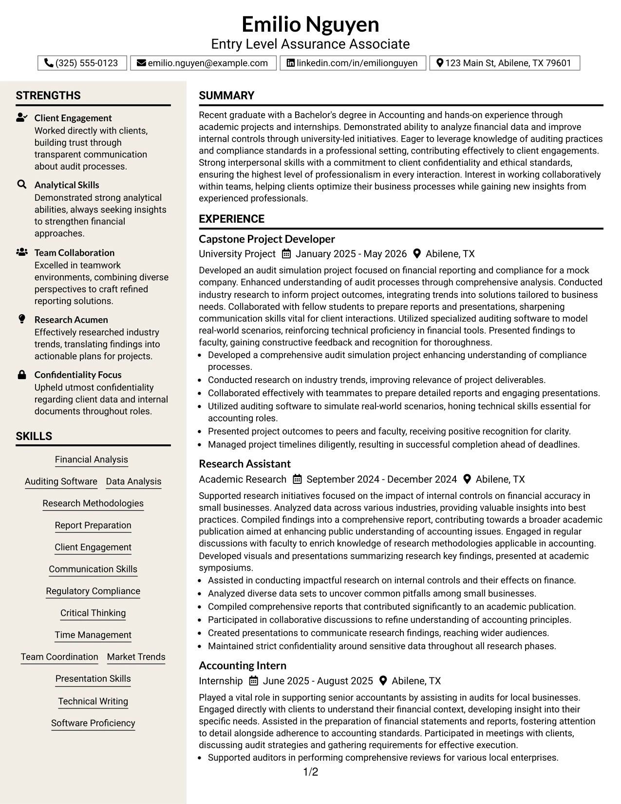 Resume Example Page 1