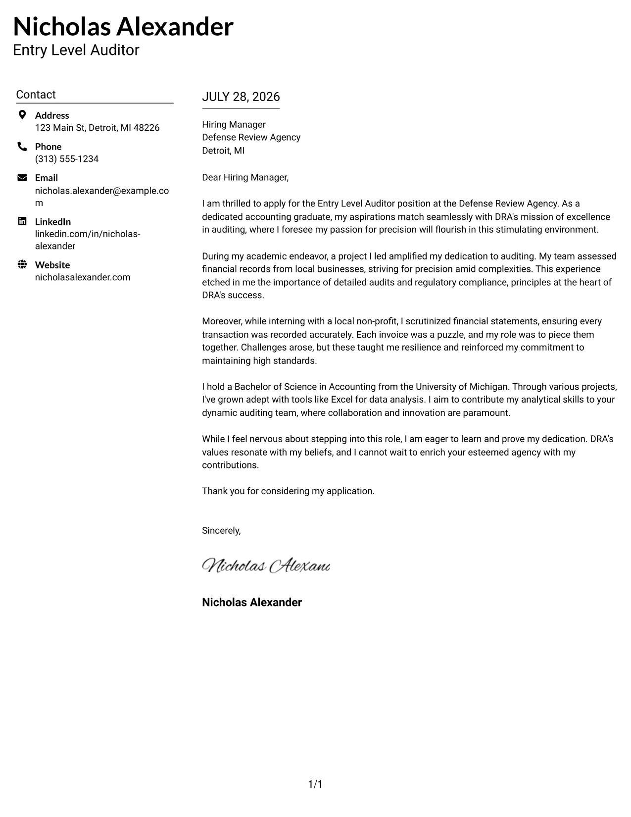 Resume Example Page 1