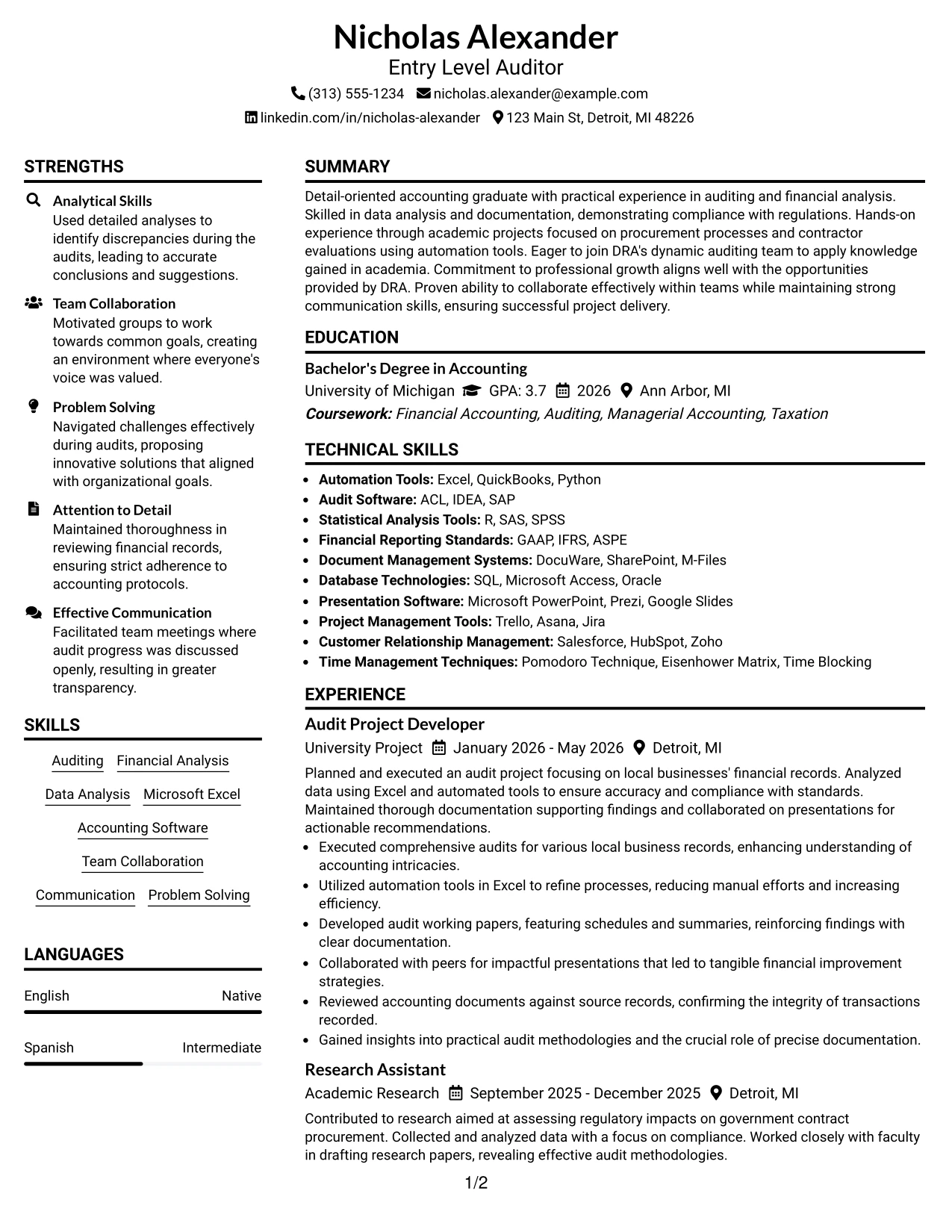 Resume Example Page 1
