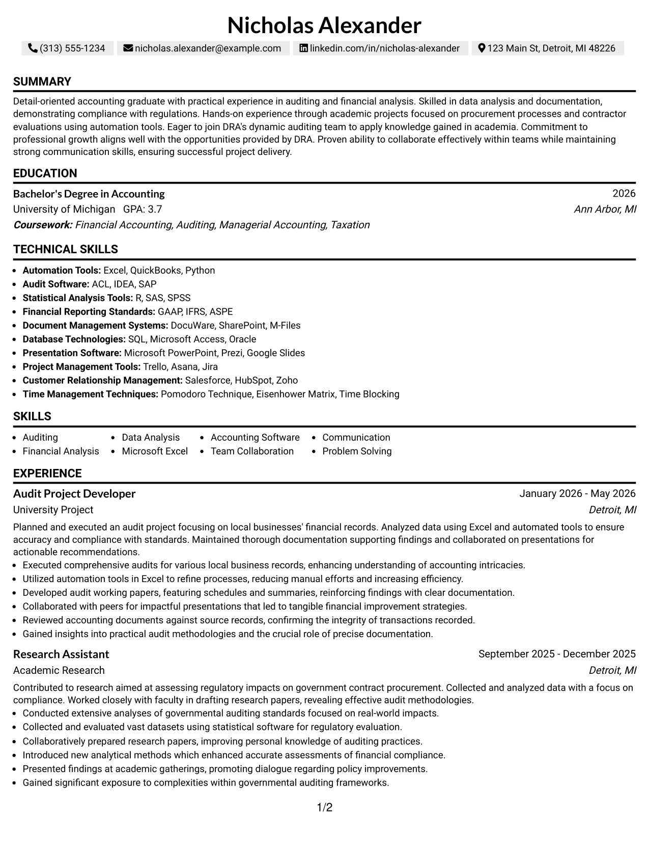 Resume Example Page 1