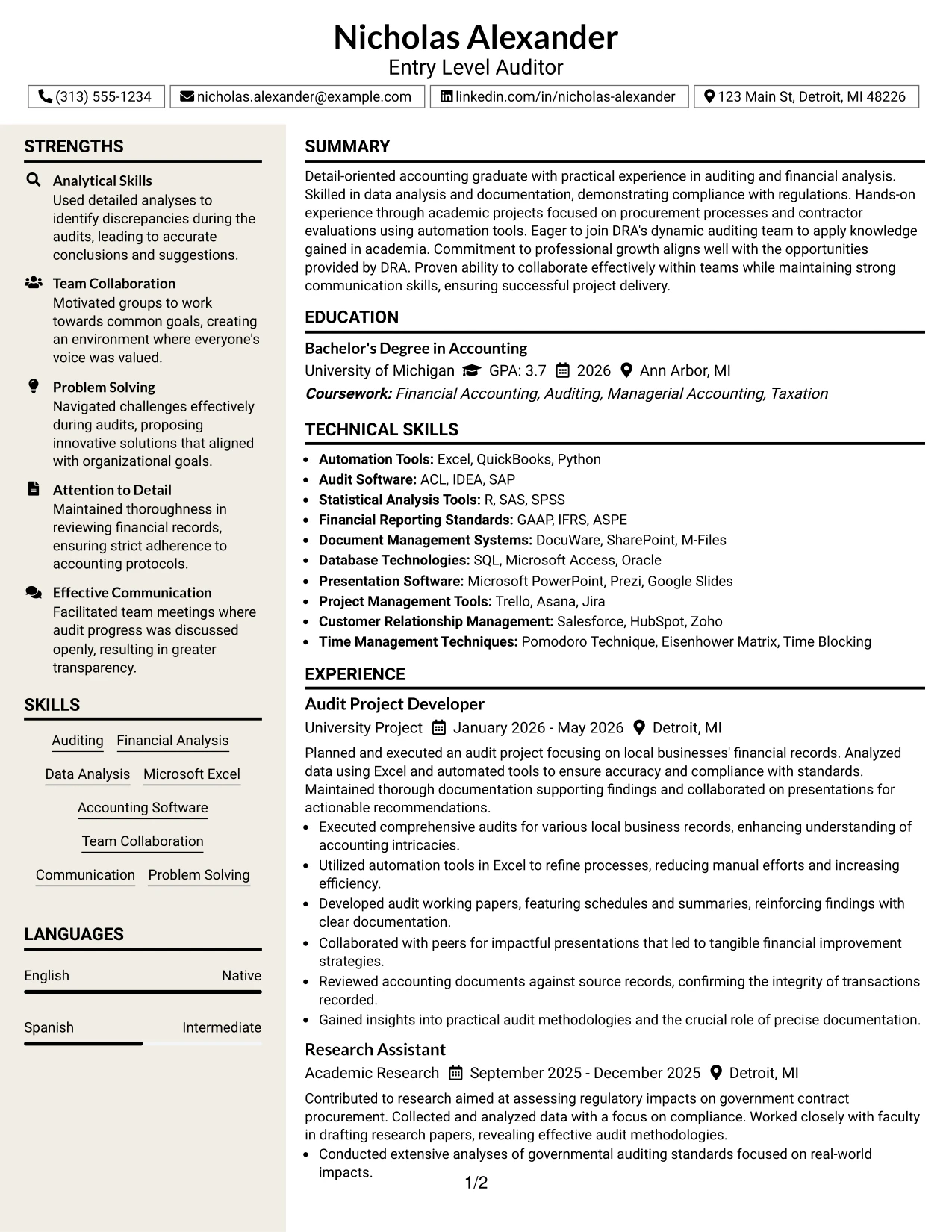 Resume Example Page 1