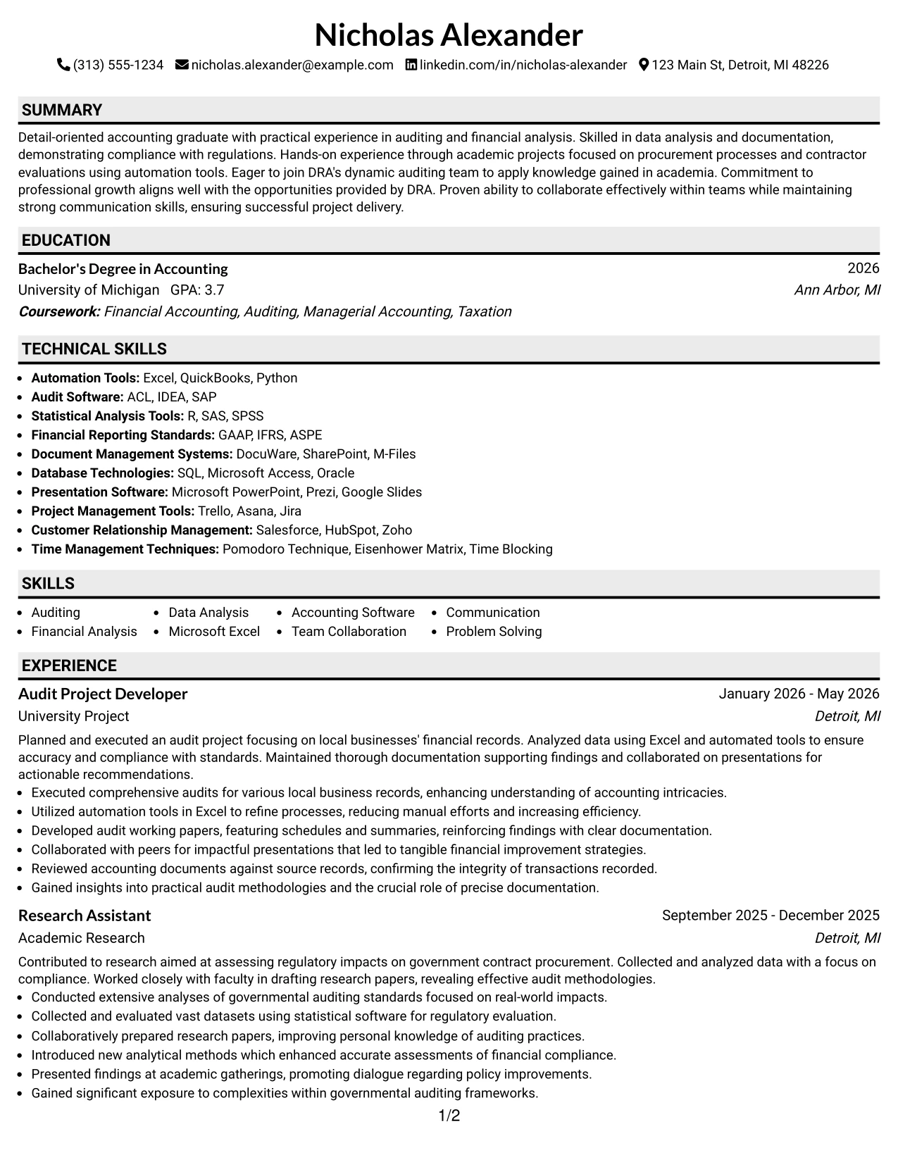 Resume Example Page 1
