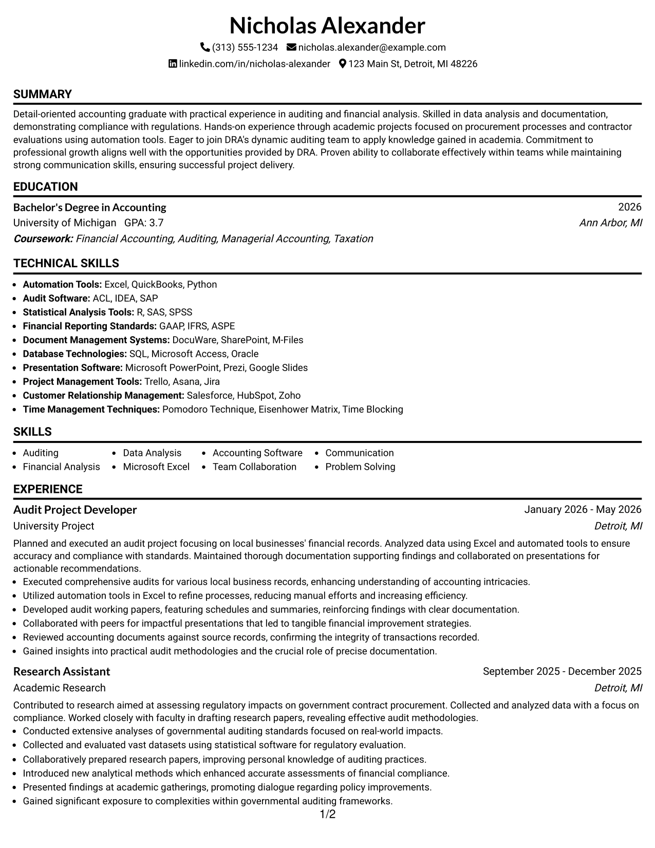 Resume Example Page 1