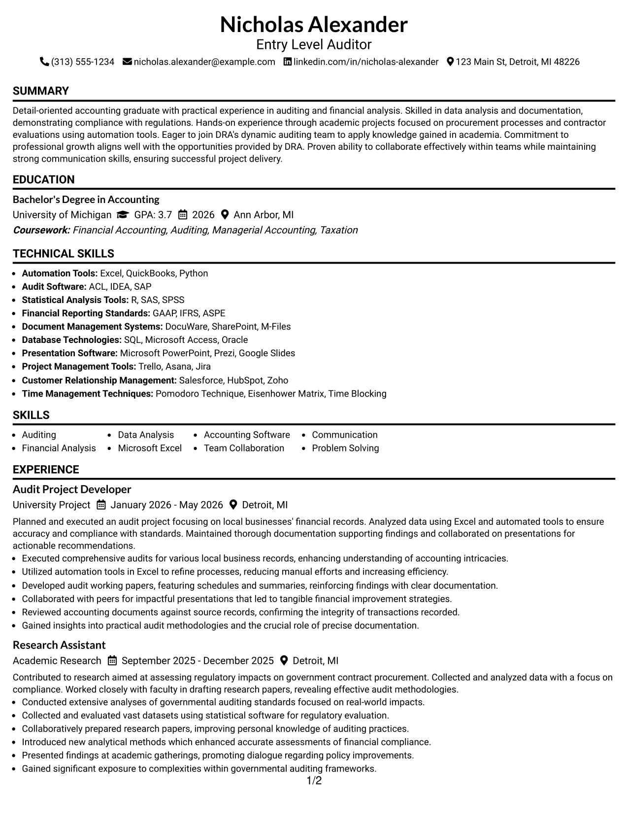 Resume Example Page 1