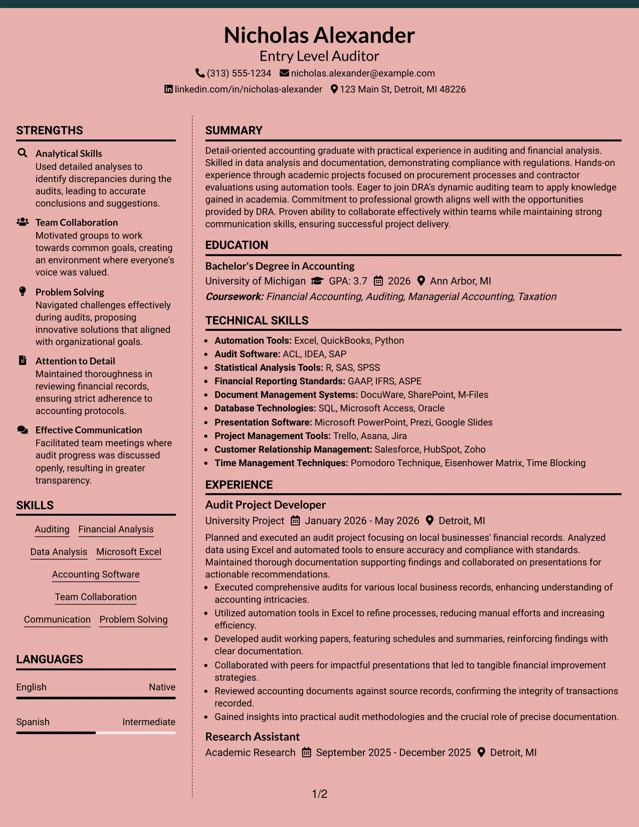 Resume Example Page 1