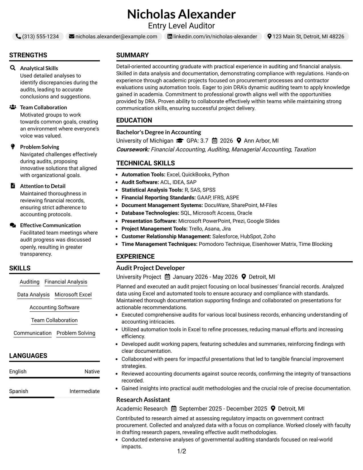 Resume Example Page 1
