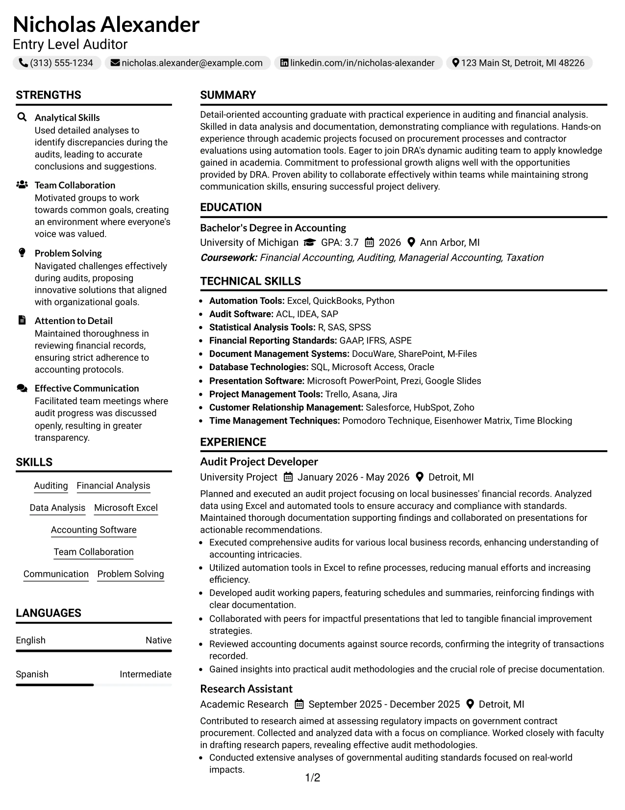 Resume Example Page 1
