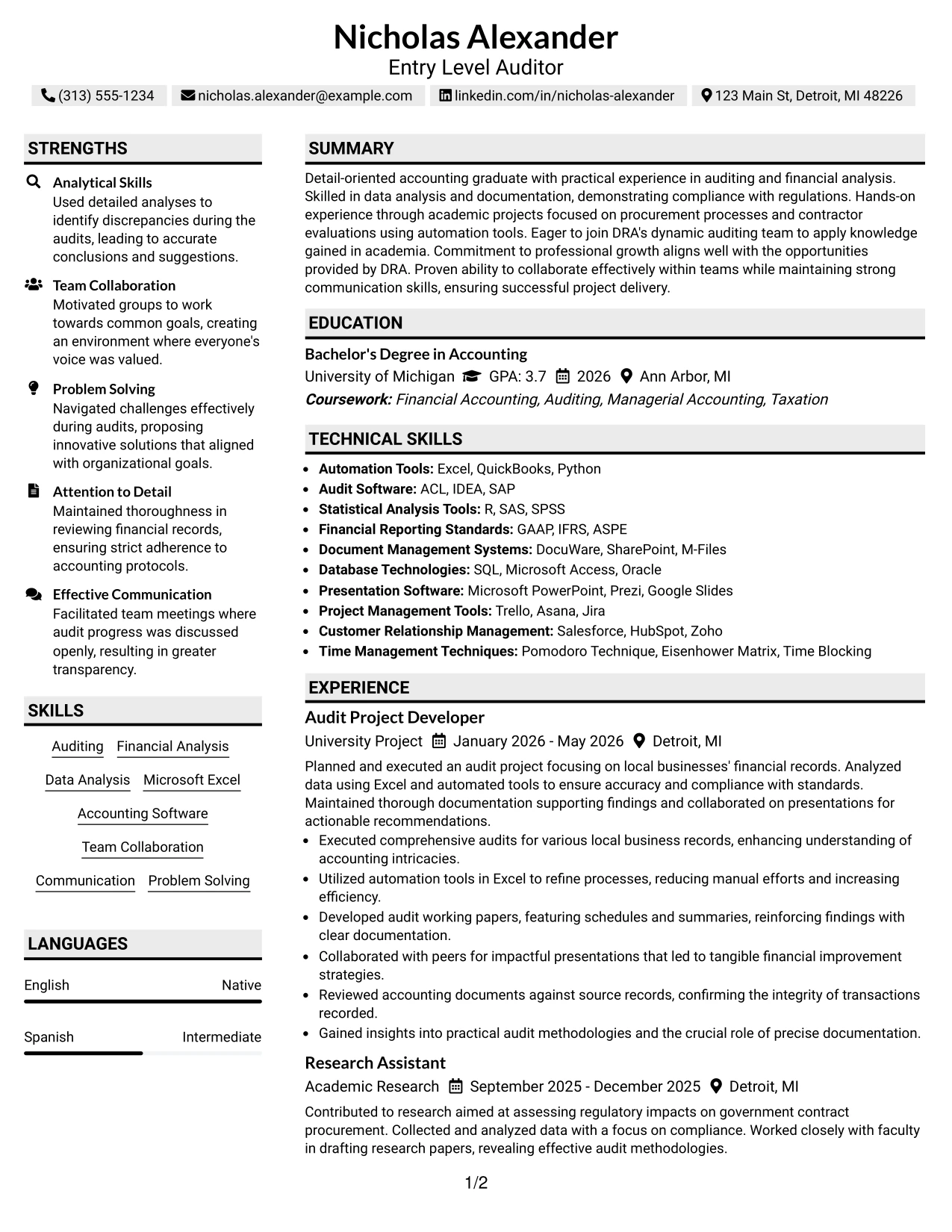 Resume Example Page 1