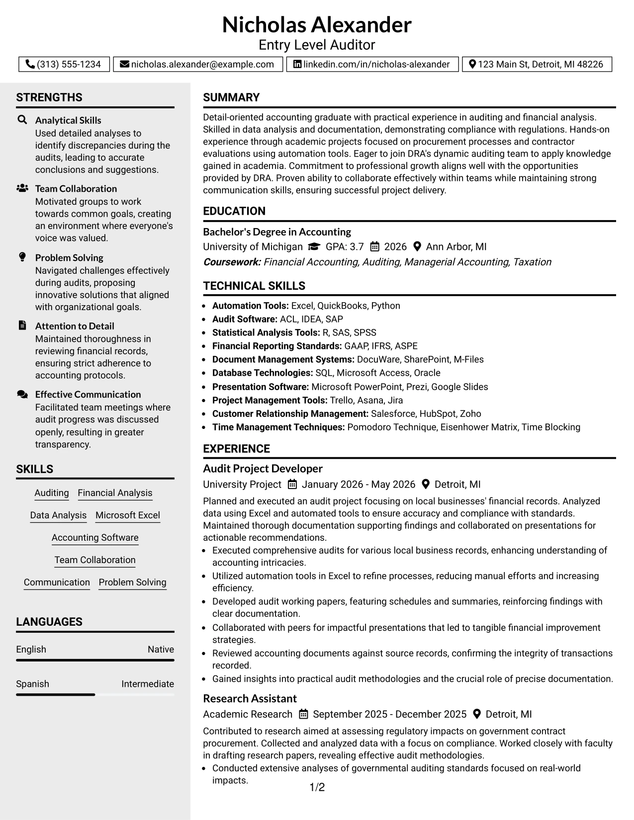Resume Example Page 1