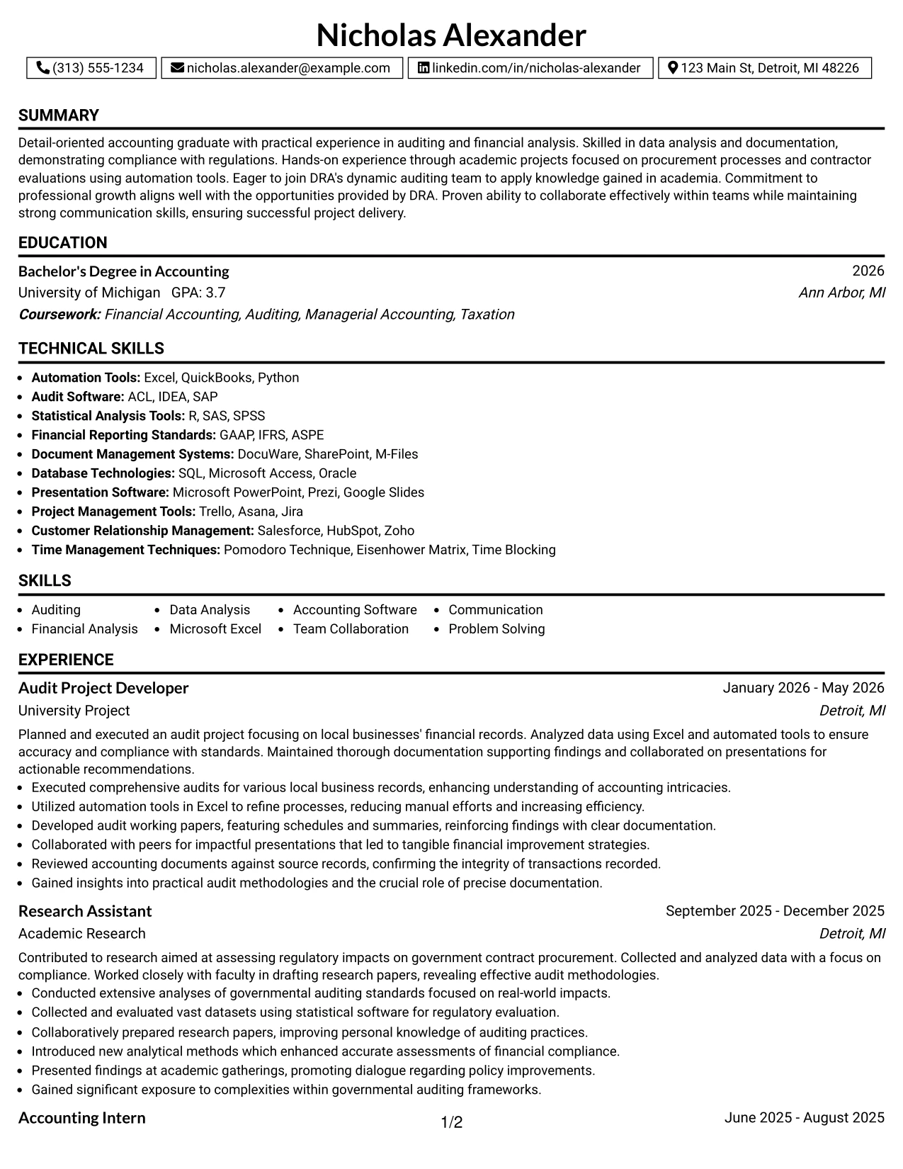 Resume Example Page 1