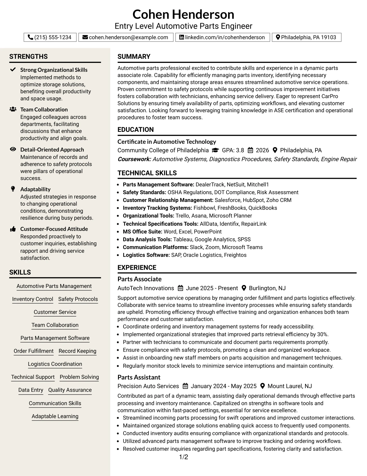 Resume Example Page 1