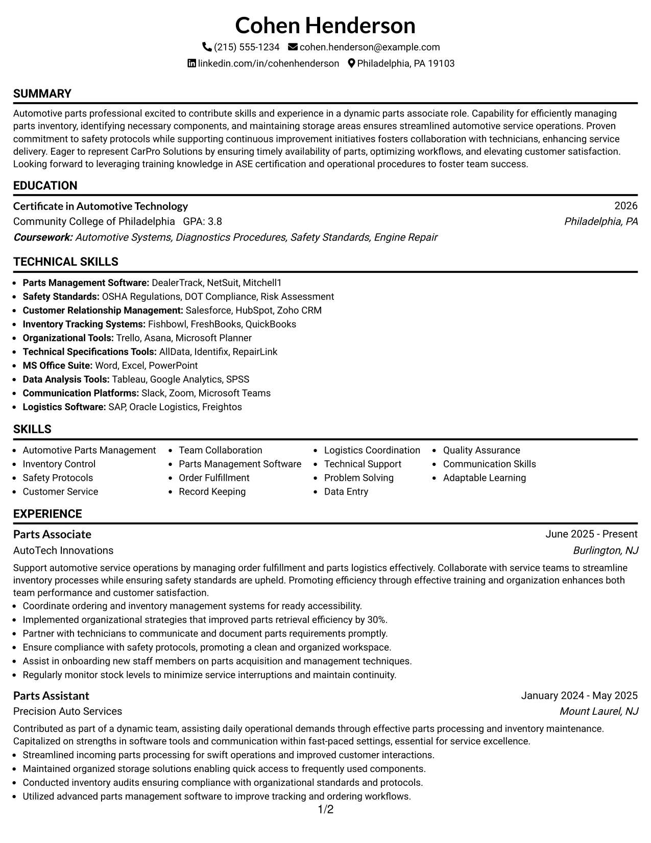 Resume Example Page 1