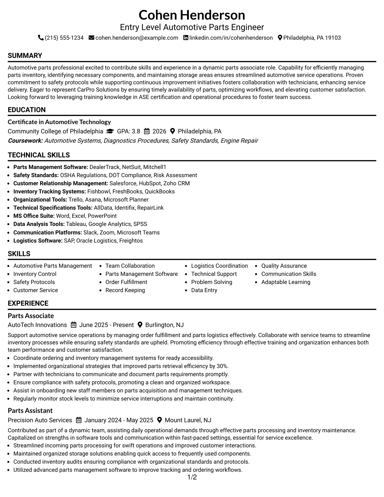 Resume Example Page 1