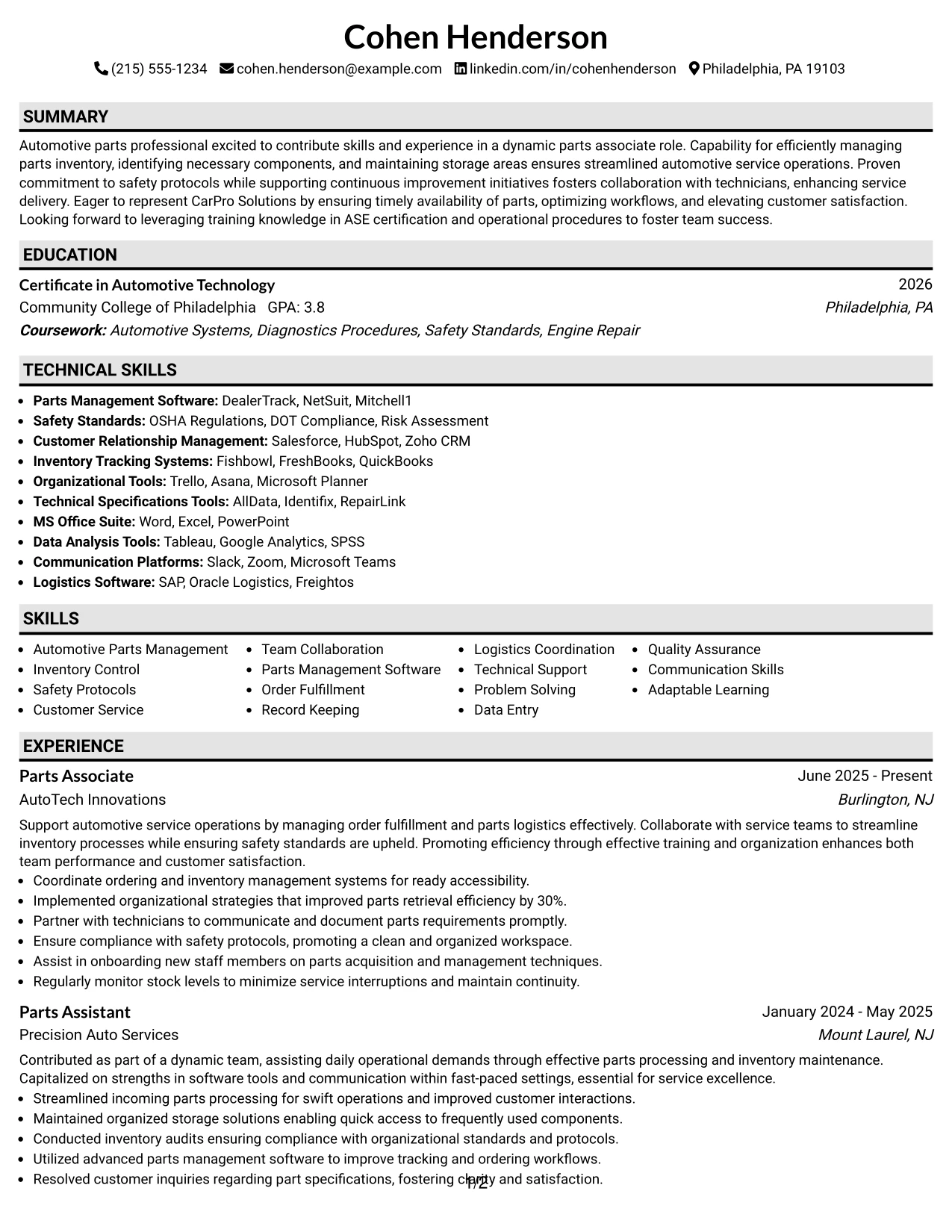 Resume Example Page 1