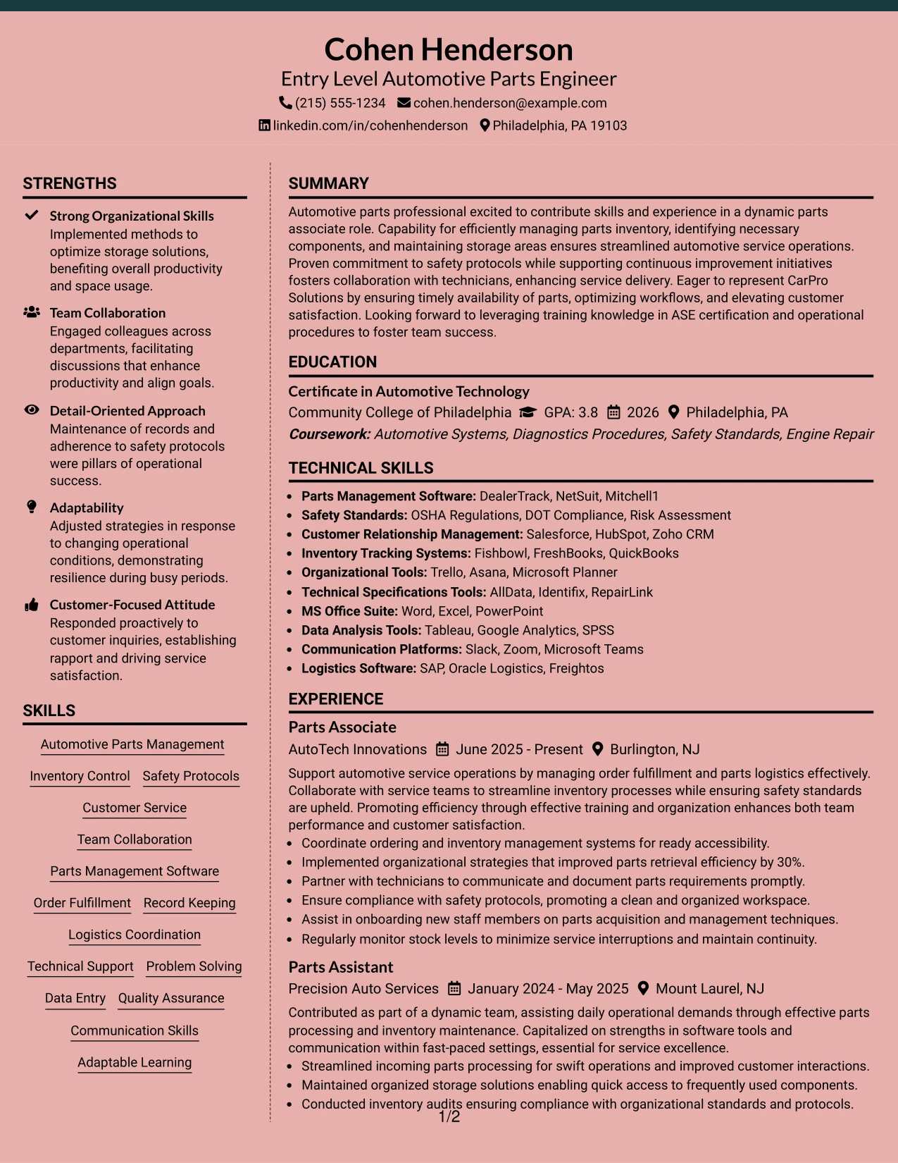Resume Example Page 1