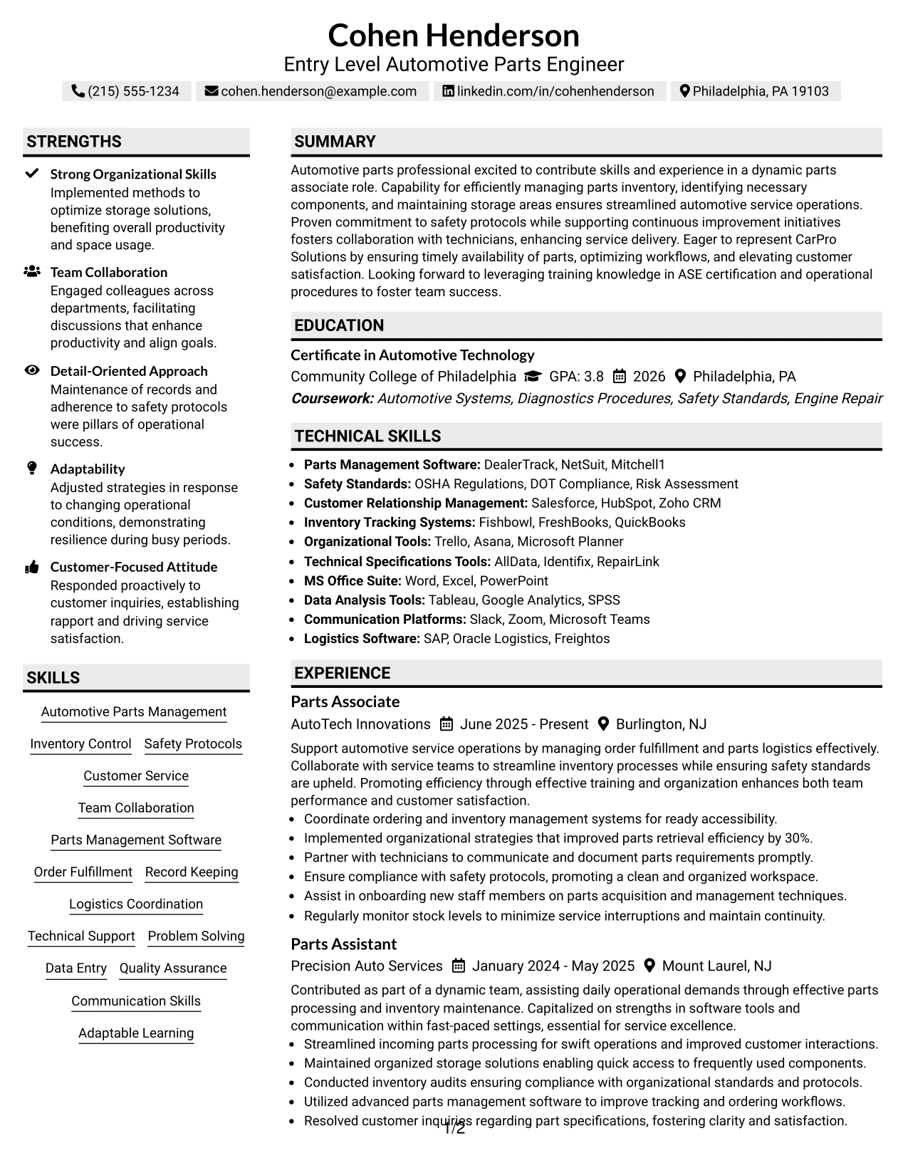 Resume Example Page 1