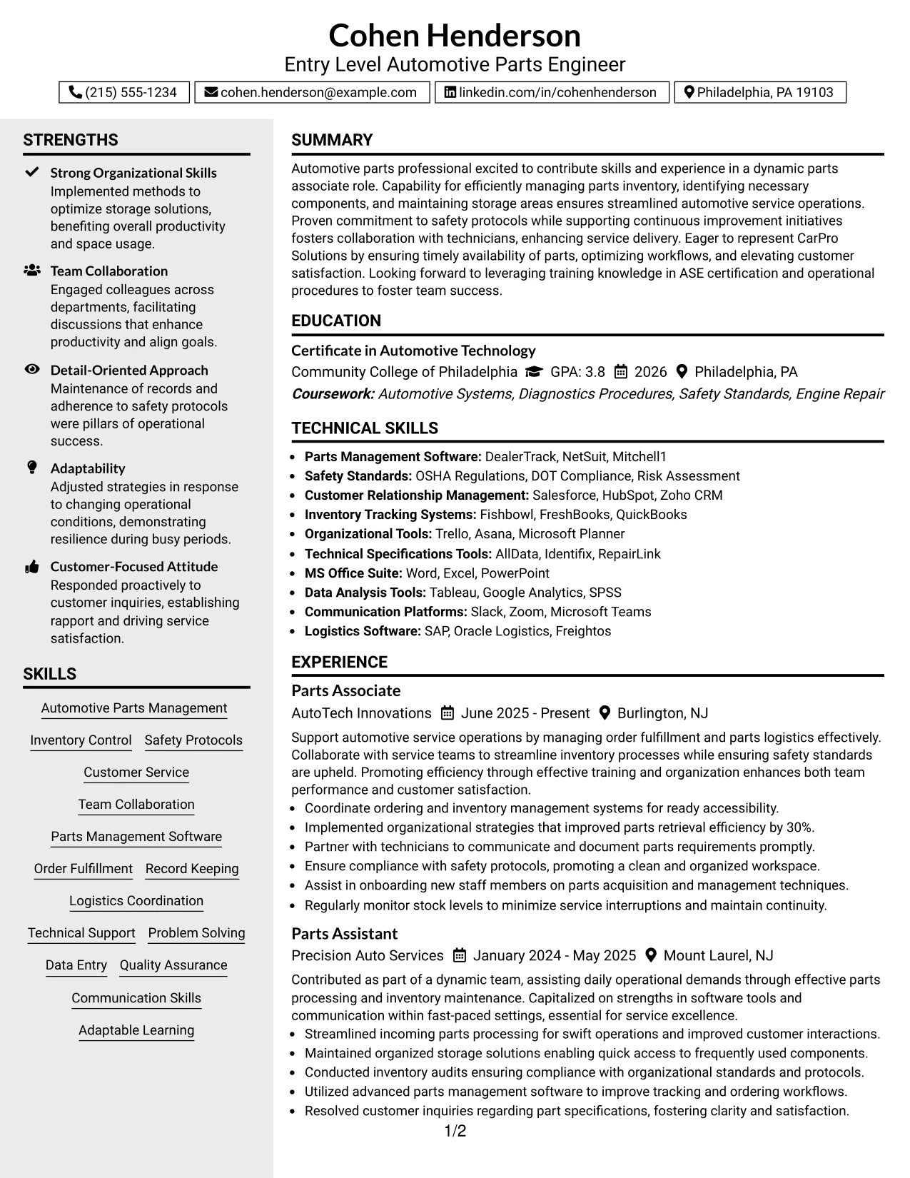 Resume Example Page 1