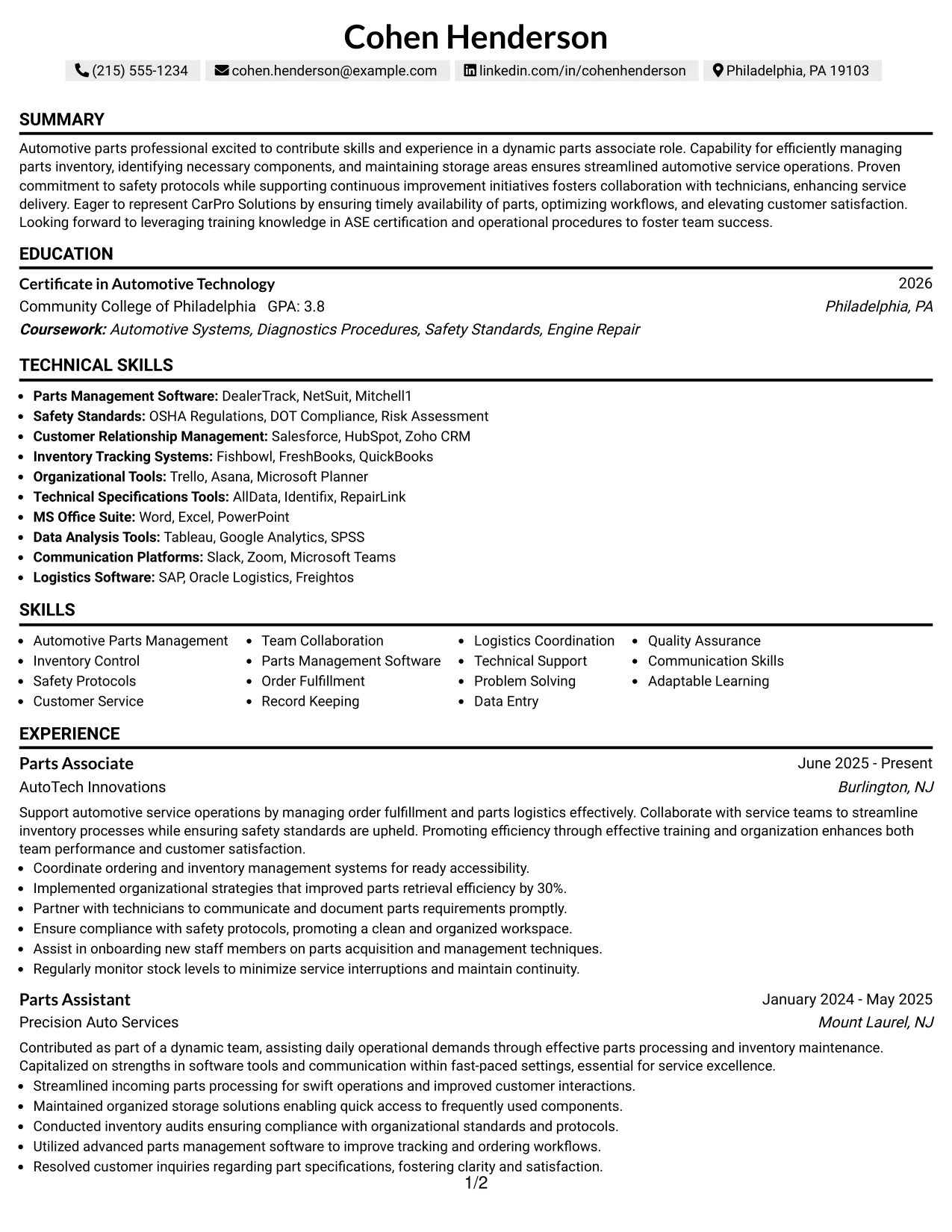 Resume Example Page 1