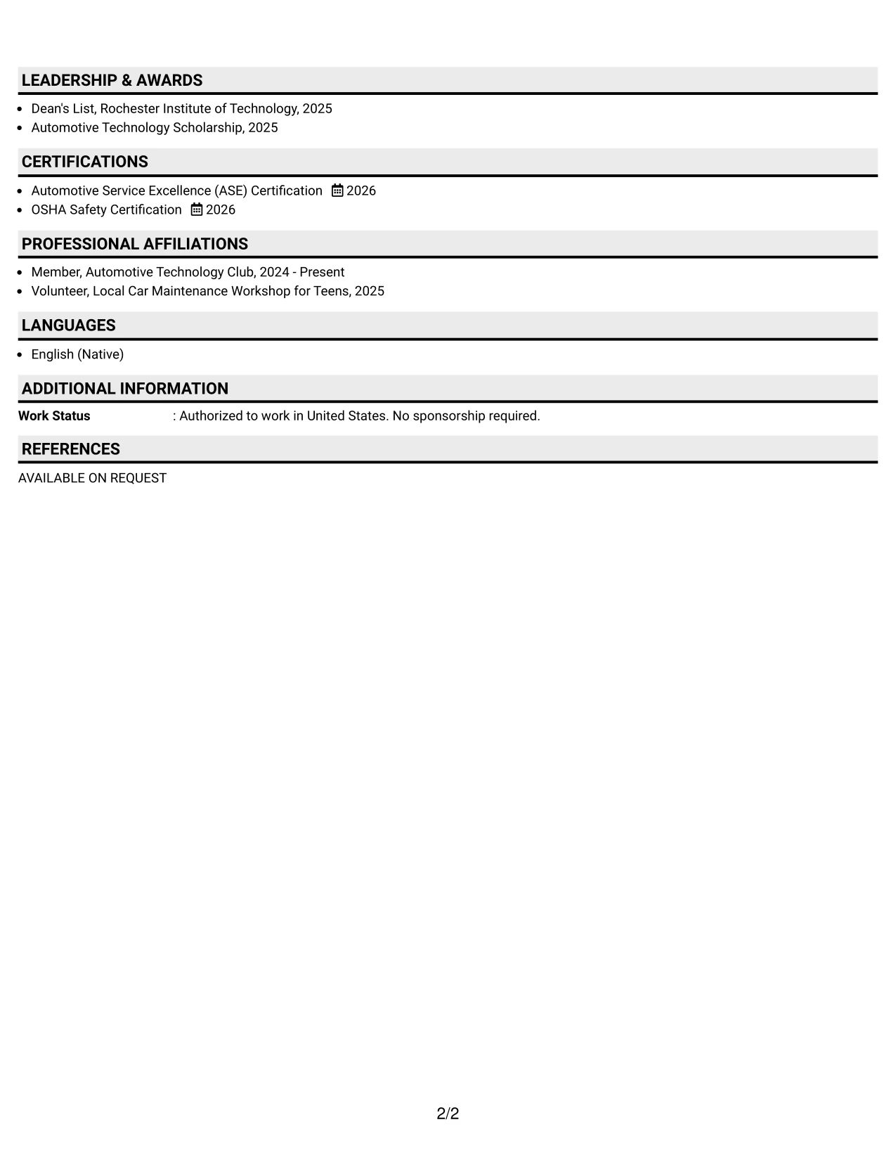 Resume Example Page 2
